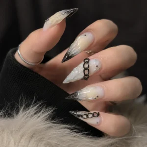 Extra Long Stiletto Press On Nails, Black Smoke Ombre Marble Nails with 3D Black Metal Chain Charms, Grunge Gothic Sharp Point False Nails
