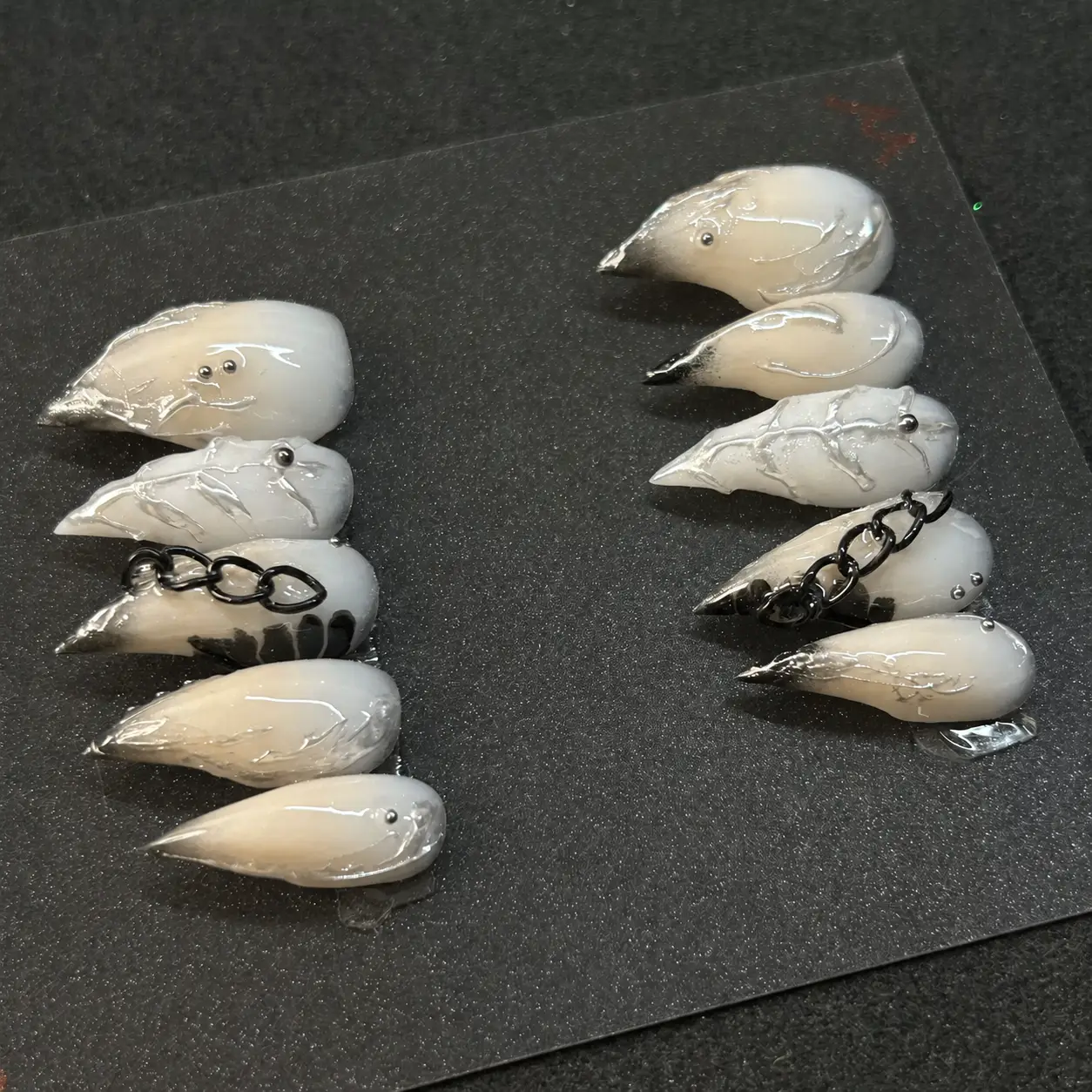 Extra Long Smoky Marble Stiletto Press On Nails with 3D Black Metal Chain Charms, Grunge Gothic Handmade False Nail Set