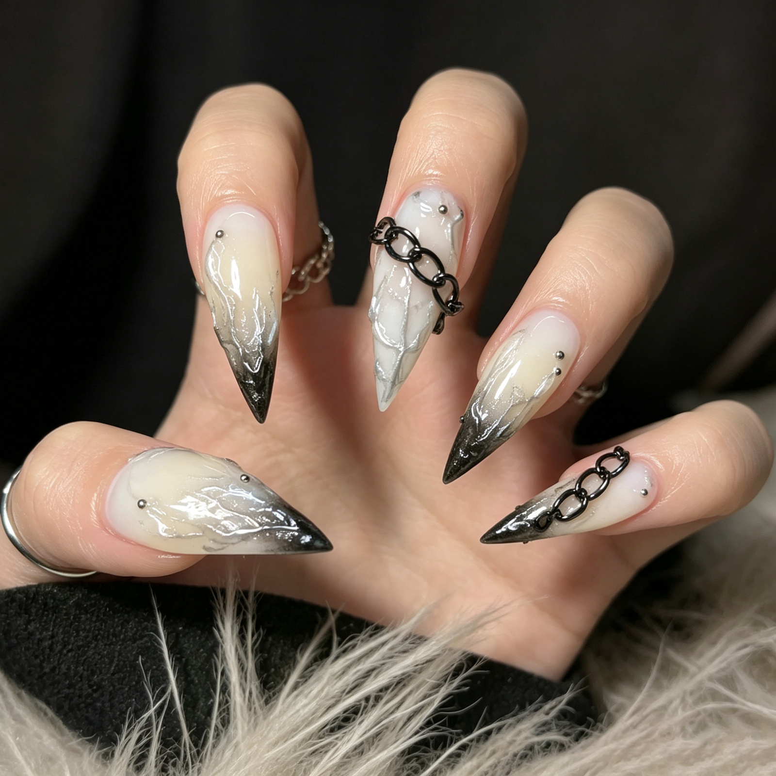 Extra Long Sharp Stiletto Smoky Marble Press On Nails, Gothic Black Chain Hardware Nude Gradient False Nails