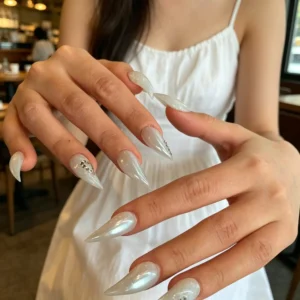 Rhinestone Detail on Milky White Stiletto Press On Nails