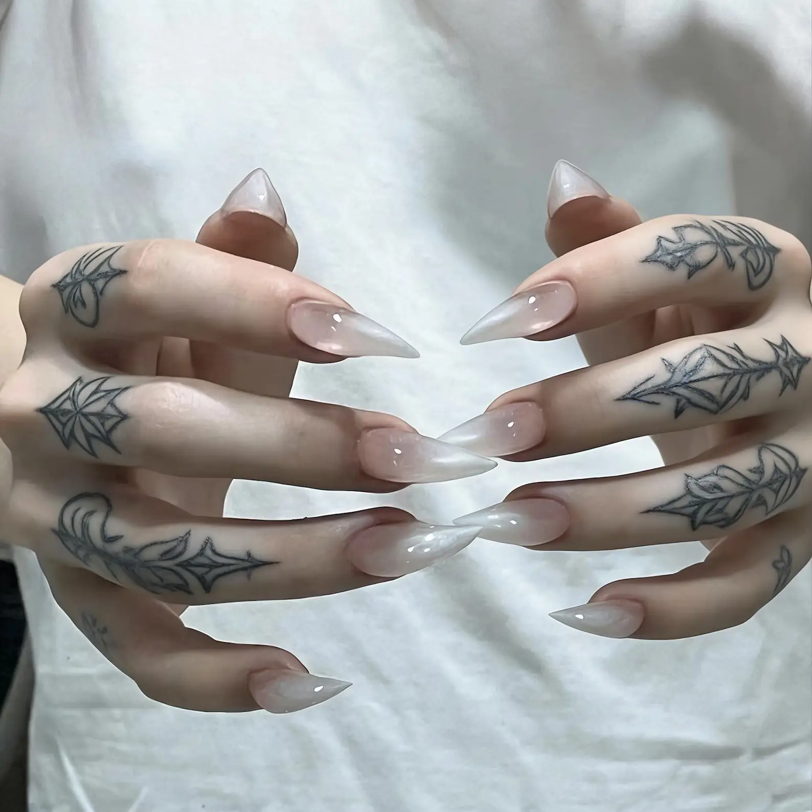 Soft nude white gradient long stiletto press on nails, sheer transparent pointed tip reusable false nails minimalist daily manicure