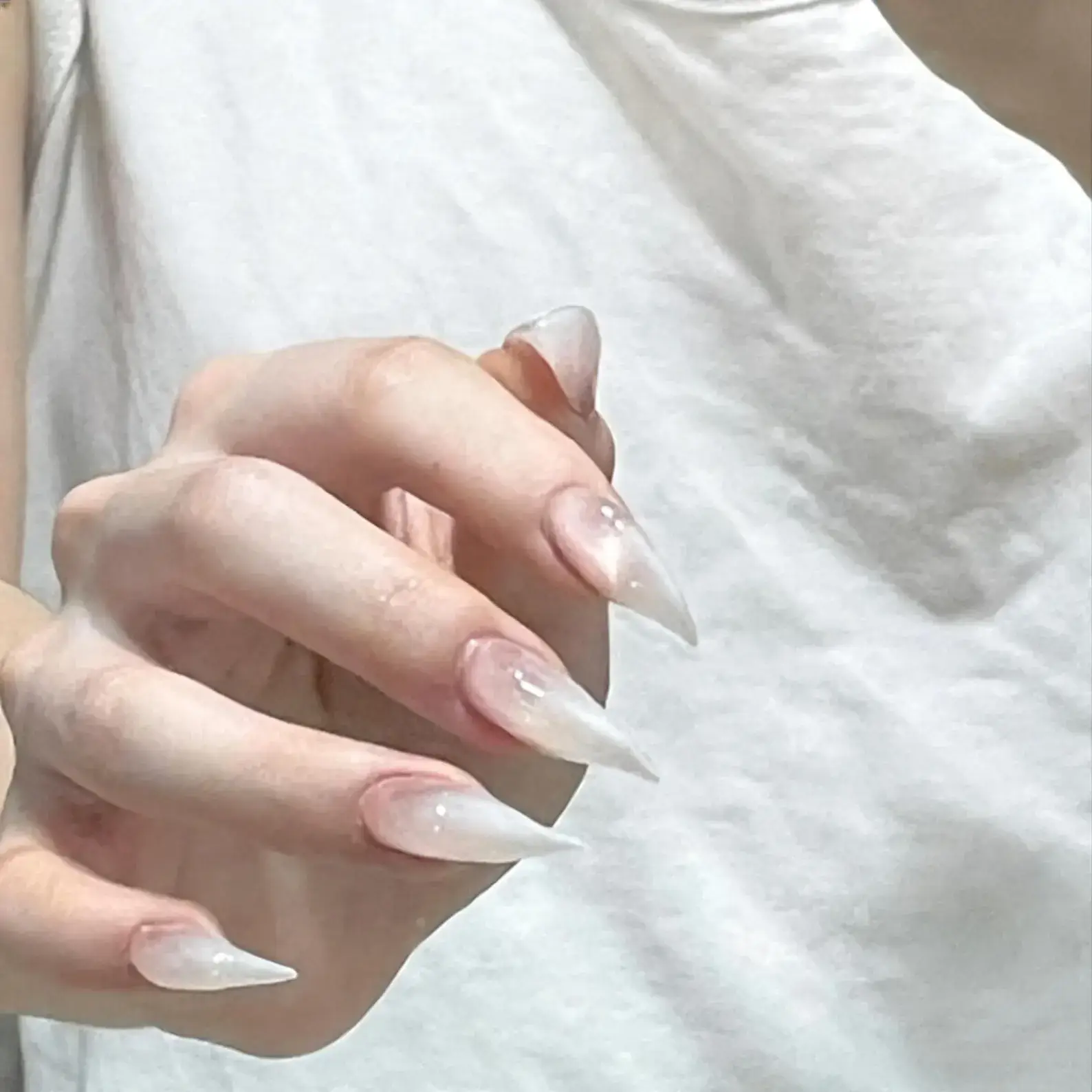 Soft background nude white gradient stiletto press on nails, sheer clear pointed long reusable false nails