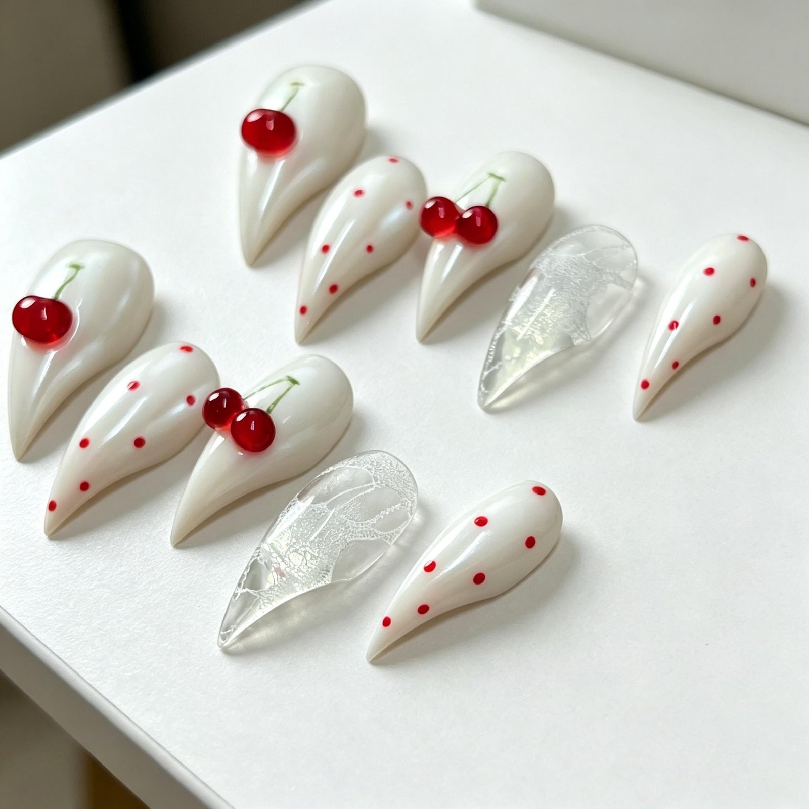 Full set handmade milky white stiletto press on nails with 3D cherry decor and red polka dots on white display board
