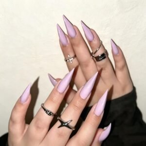 Long lavender ombre stiletto press-on nails with glossy finish and elegant design