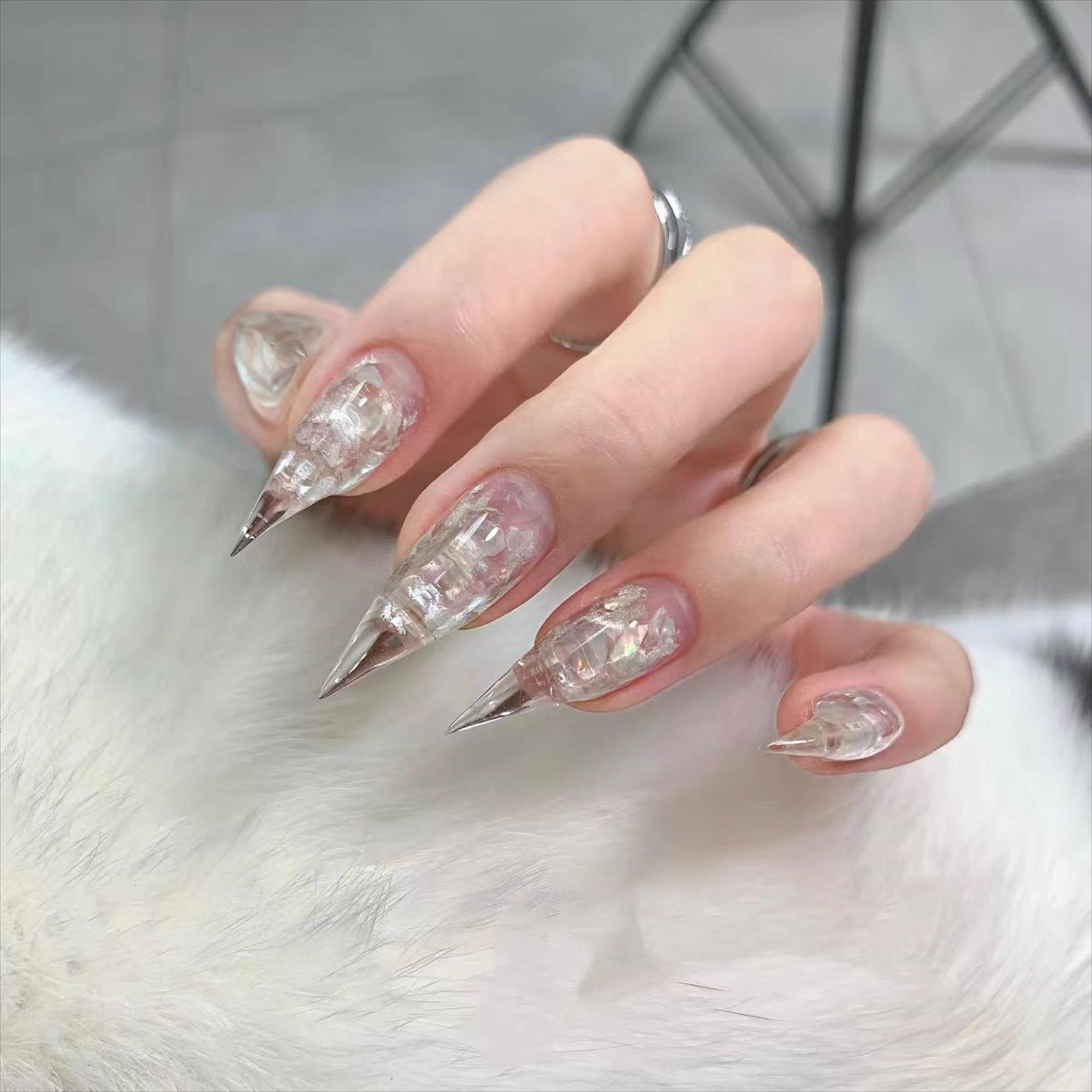 Handmade transparent gel press-on nails with rhinestone and glitter details