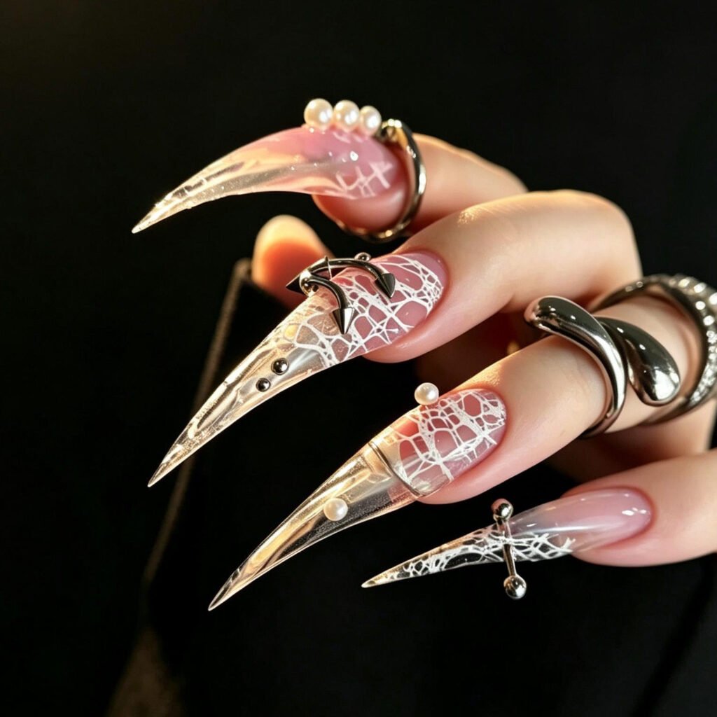 Extra-long stiletto press-on nails with pink marble design, gold accents, and 3D floral embellishments
