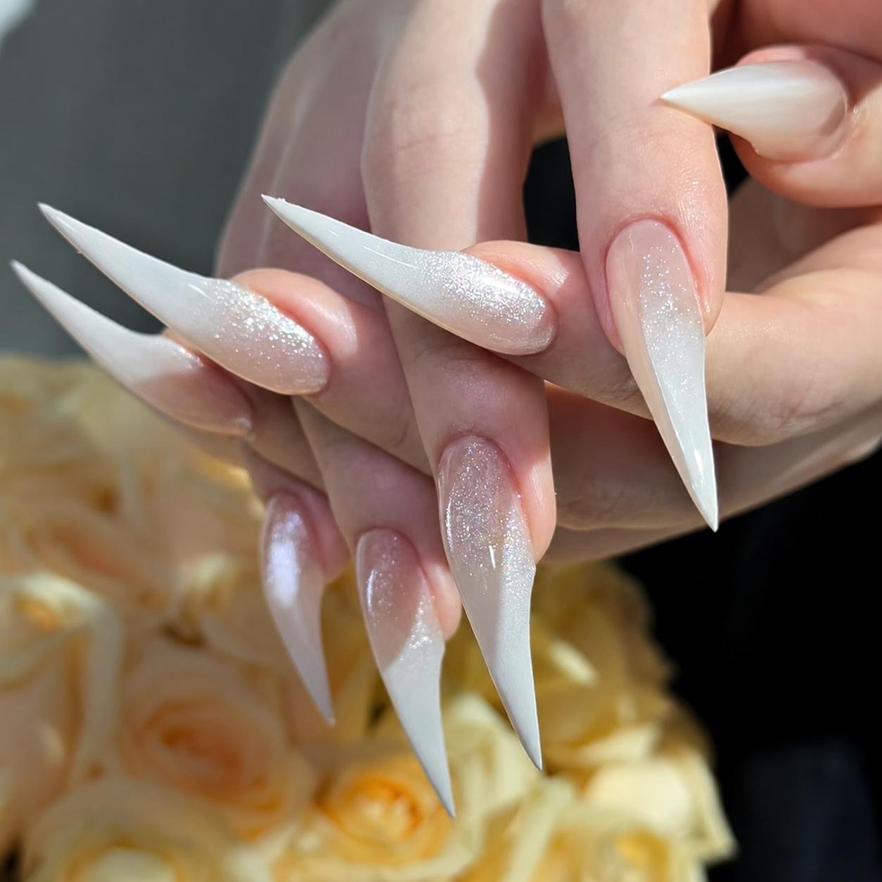 Extra Long Stiletto Nude White Gradient Glitter Cat Eye Press On Nails, Milky White Ombre Sharp False Nails
