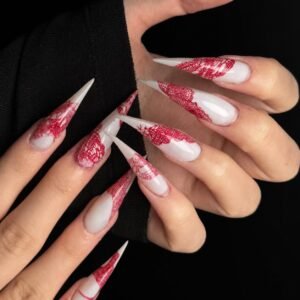 Curved Extra Long Stiletto Press On Nails, White Base Asymmetrical Red Lace Gothic False Nails