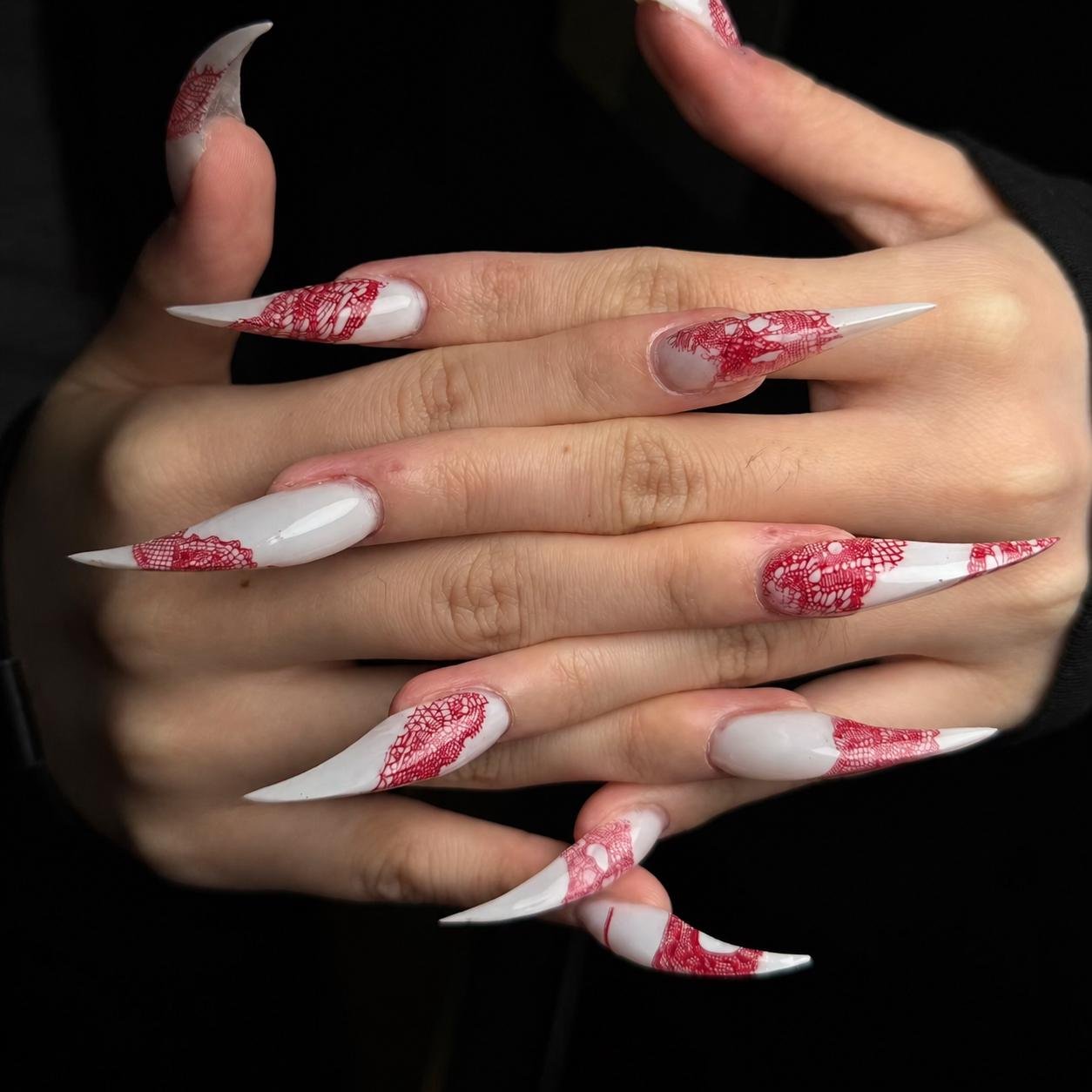 Extra Long Stiletto White Press On Nails with Red Lace Pattern, Gothic Vintage Red Lace Art Sharp Point False Nails