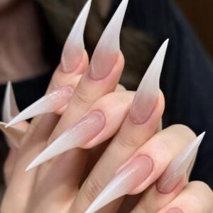 Minimal Nude Milky White Ombre Extra Long Stiletto Press On Nails, Soft Gradient Sharp Point False Nails