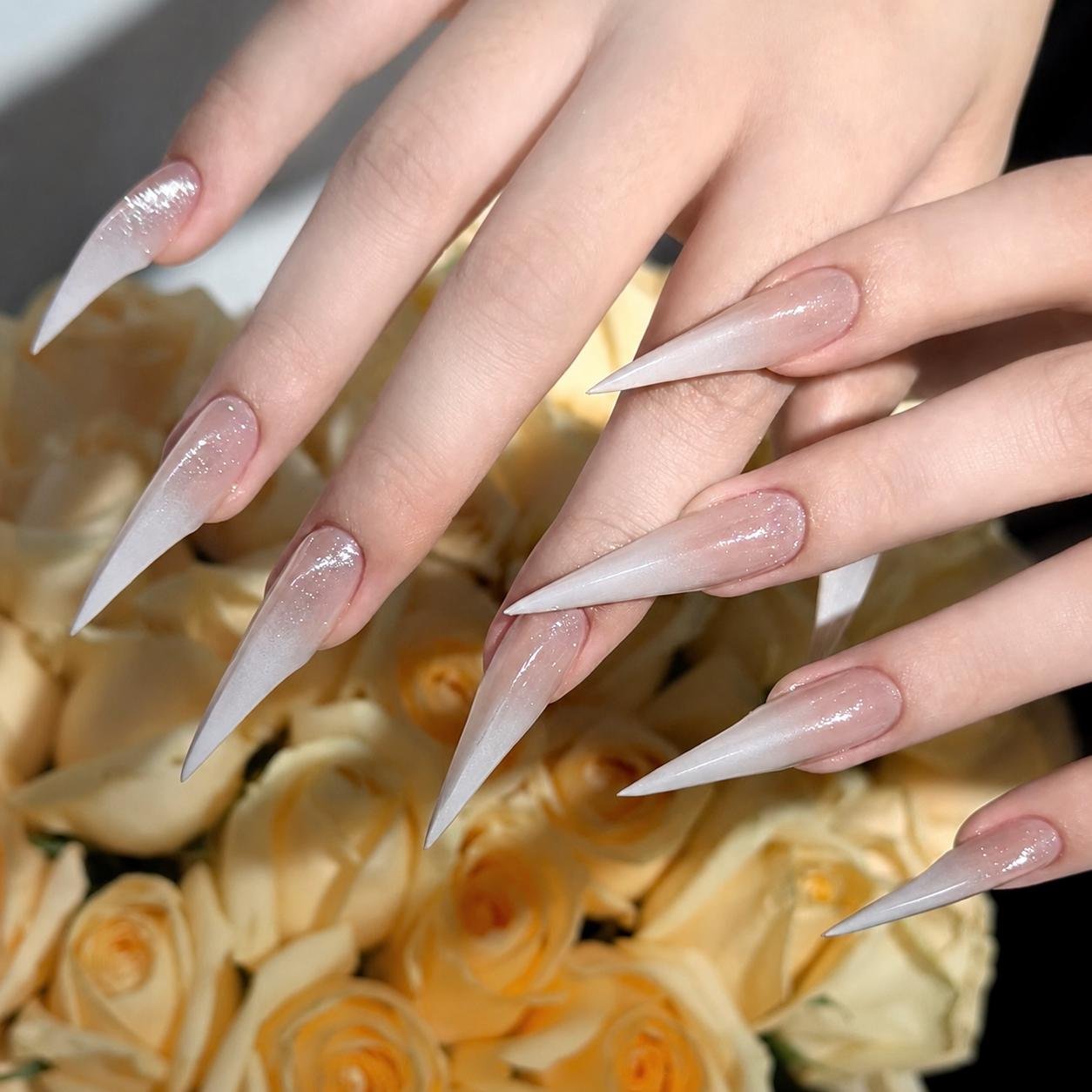 Milky White Cat Eye Shimmer Extra Long Stiletto Press On Nails, Sparkle Ombre Sharp Point False Nails