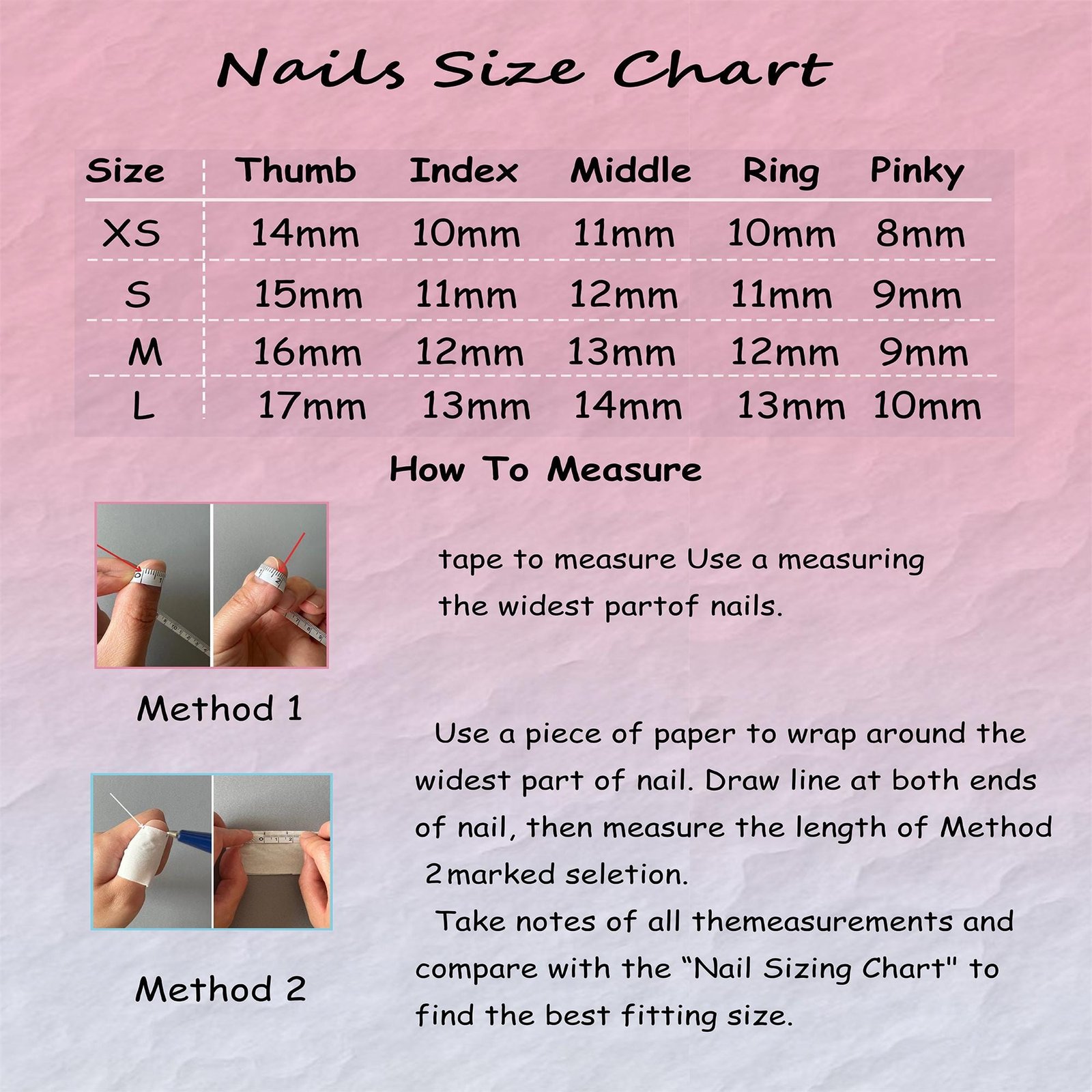 Wearable false nails size chart with nail measuring instructions