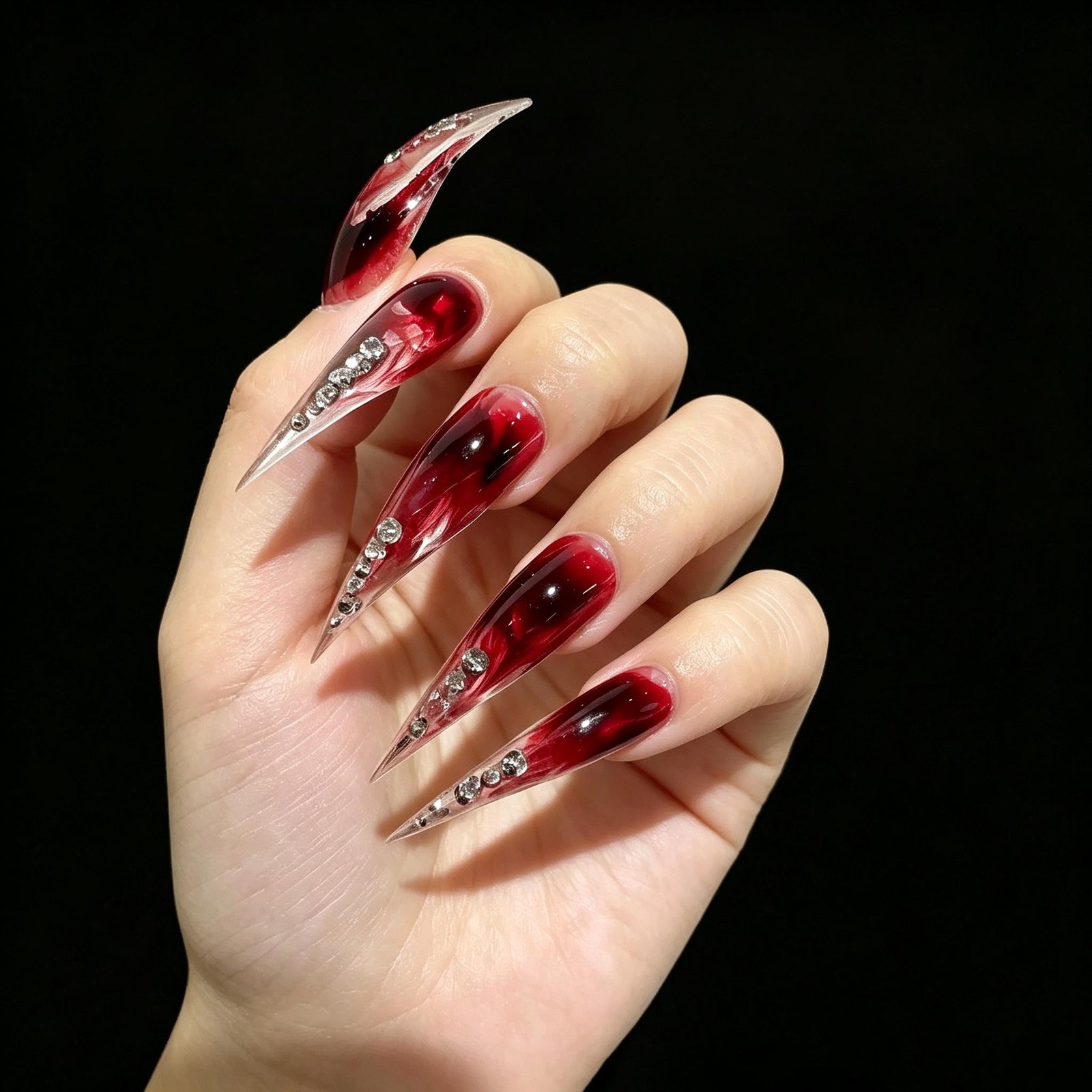 Long stiletto press-on nails with red and black flame design and glossy finish
