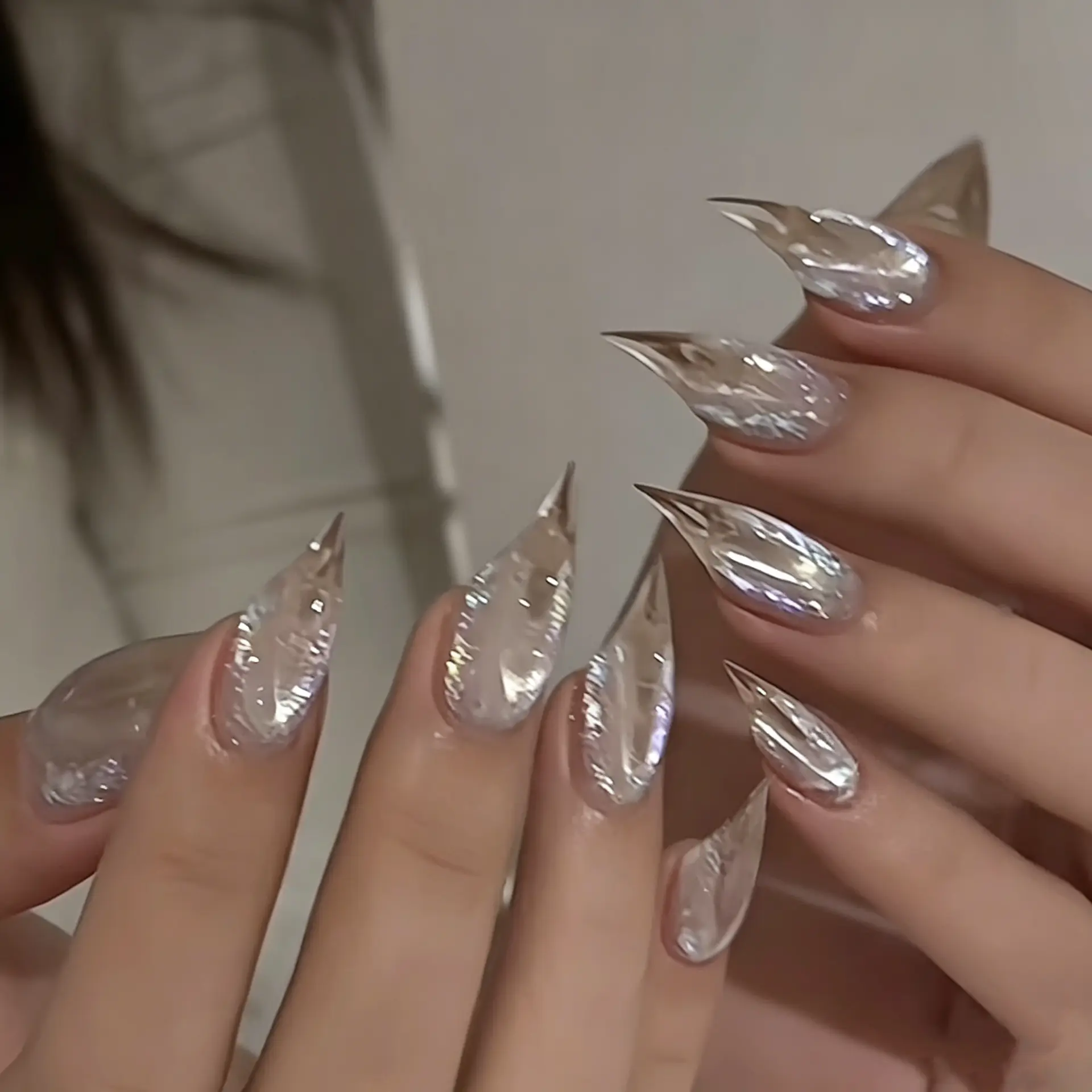 Metallic Silver Chrome Stiletto Press On Nails, Clear Iridescent Glitter Long Pointed Fake Nails