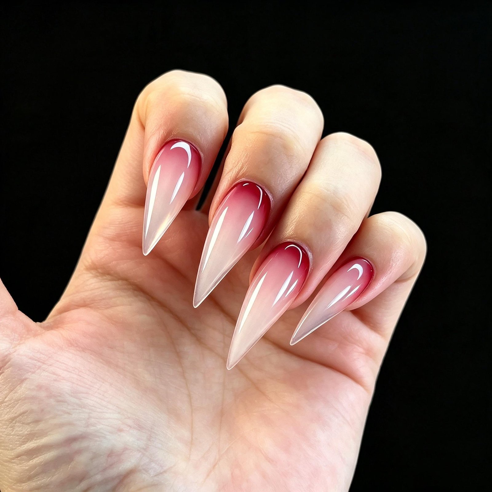 Front palm shot long stiletto press on nails with pink blush gradient cuticle, sheer transparent pointed tip glossy ombre false nails black background
