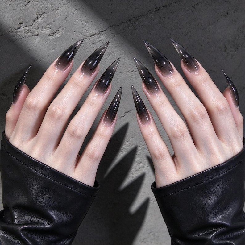 Smoky Black Cat Claw Press on Nails, Extra Long Stiletto Nails, Translucent Gothic Nail Art for Dark Feminine Alternative Fashion