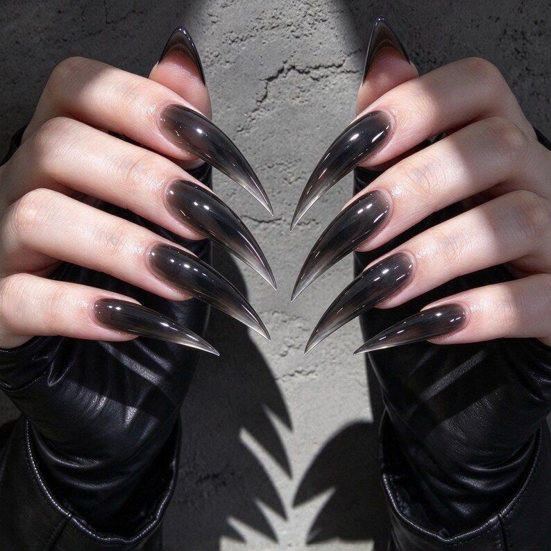 Smoky Black Cat Claw Press on Nails, Extra Long Stiletto Nails, Translucent Gothic Nail Art for Dark Feminine Alternative Fashion - Image 3