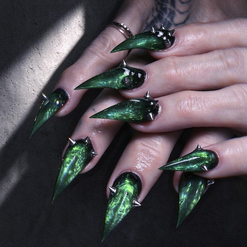 Dark Green Chrome Cat Claw Press on Nails, Long Stiletto Punk Nails, Gothic Cyberpunk Nail Art for Parties & Alternative Fashion - Image 2