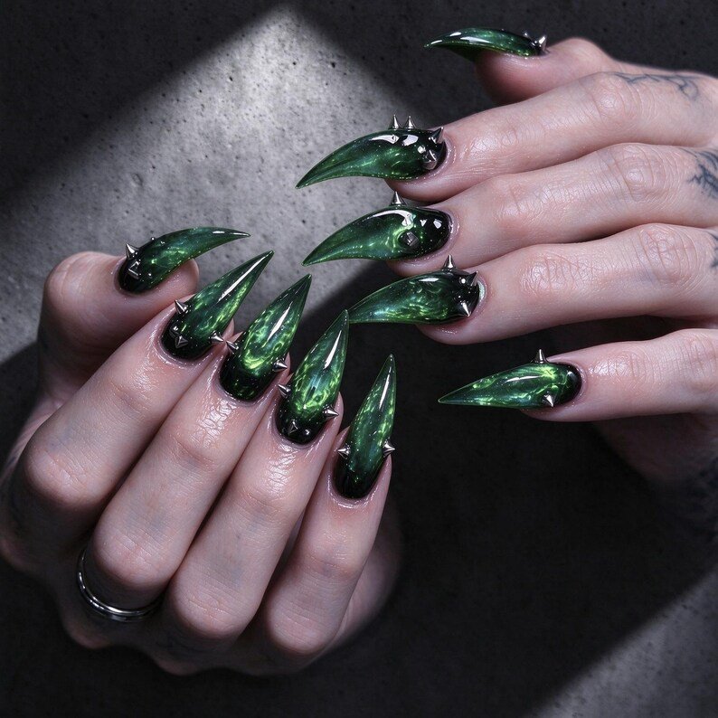 Dark Green Chrome Cat Claw Press on Nails, Long Stiletto Punk Nails, Gothic Cyberpunk Nail Art for Parties & Alternative Fashion - Image 3