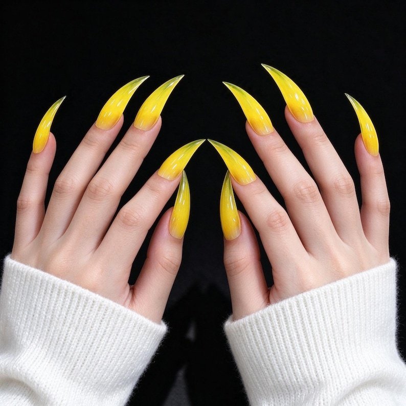 Yellow Press on Nails, Extra Long Stiletto Claws, Translucent Jelly Glass Nails for Y2K, Alternative Fashion & Bold Looks