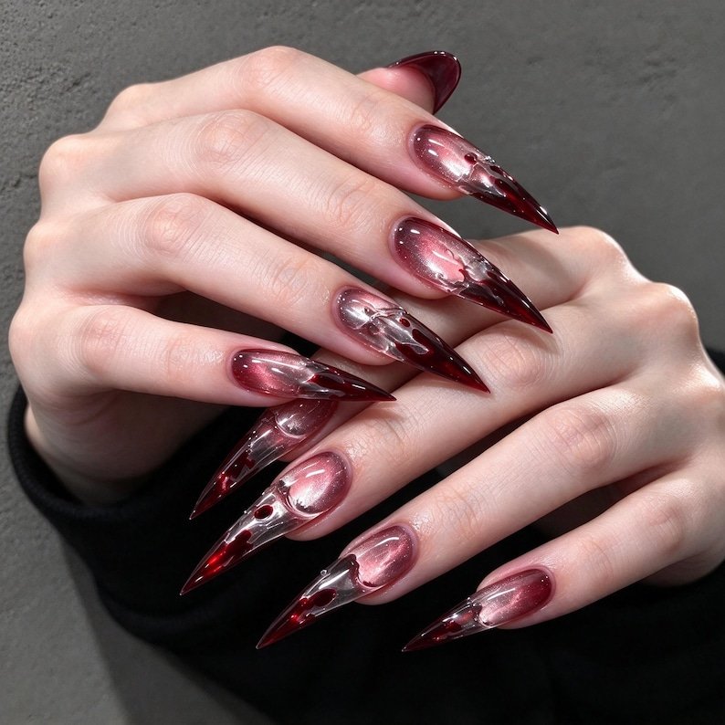 Blood Red Press on Nails, Long Stiletto Claws, Glass Effect Cat Eye Chrome Nails for Halloween & Dark Romance Looks