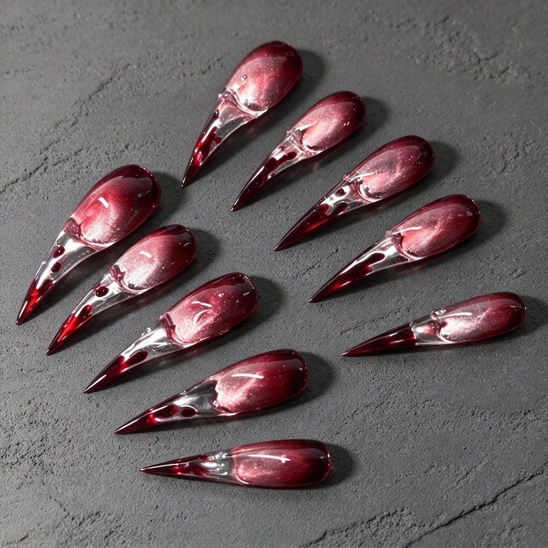 Blood Red Press on Nails, Long Stiletto Claws, Glass Effect Cat Eye Chrome Nails for Halloween & Dark Romance Looks - Image 2