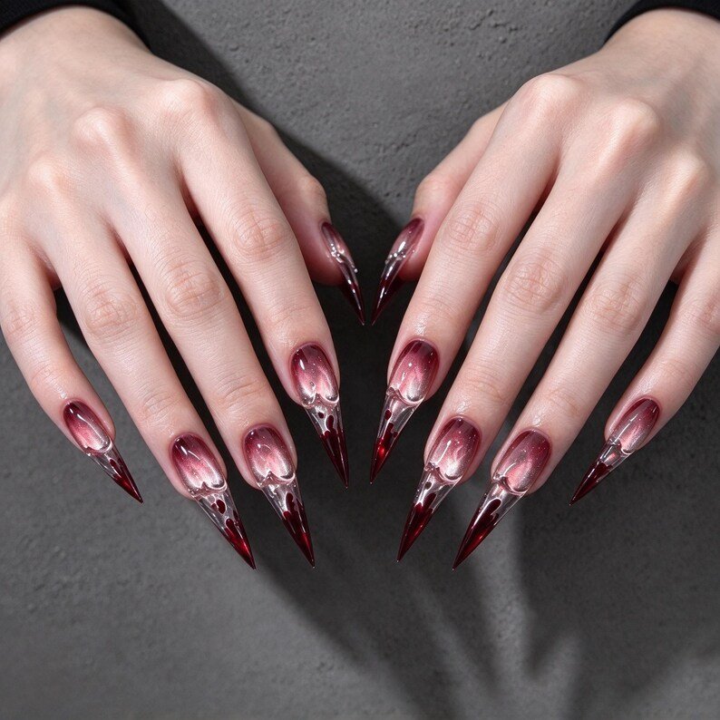 Blood Red Press on Nails, Long Stiletto Claws, Glass Effect Cat Eye Chrome Nails for Halloween & Dark Romance Looks - Image 3