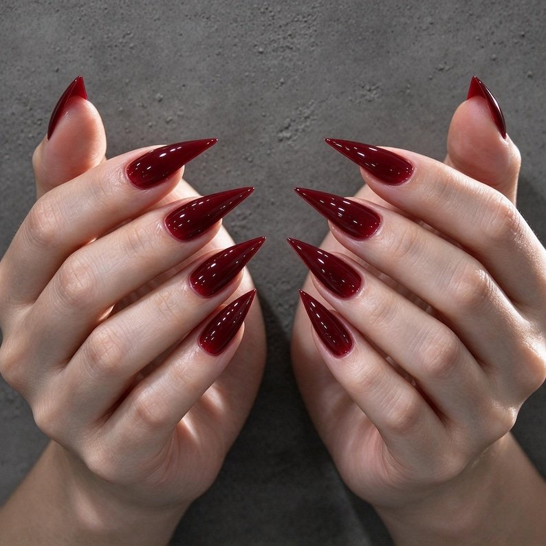 Dark Cherry Red Press on Nails, Long Sharp Stiletto Claws, Glossy Burgundy Nails for Halloween, Date Night & Dark Feminine Looks