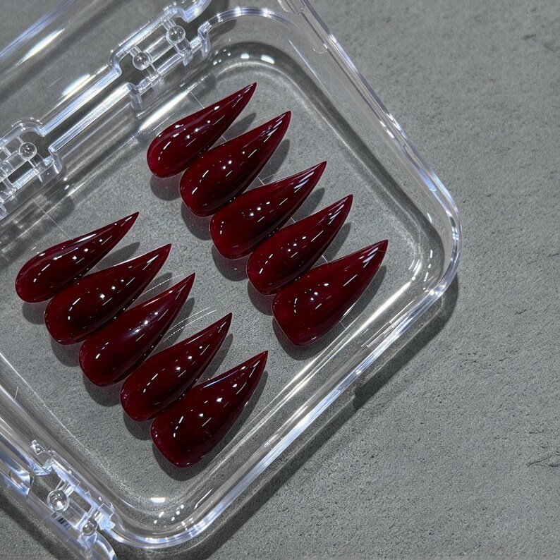 Dark Cherry Red Press on Nails, Long Sharp Stiletto Claws, Glossy Burgundy Nails for Halloween, Date Night & Dark Feminine Looks - Image 2