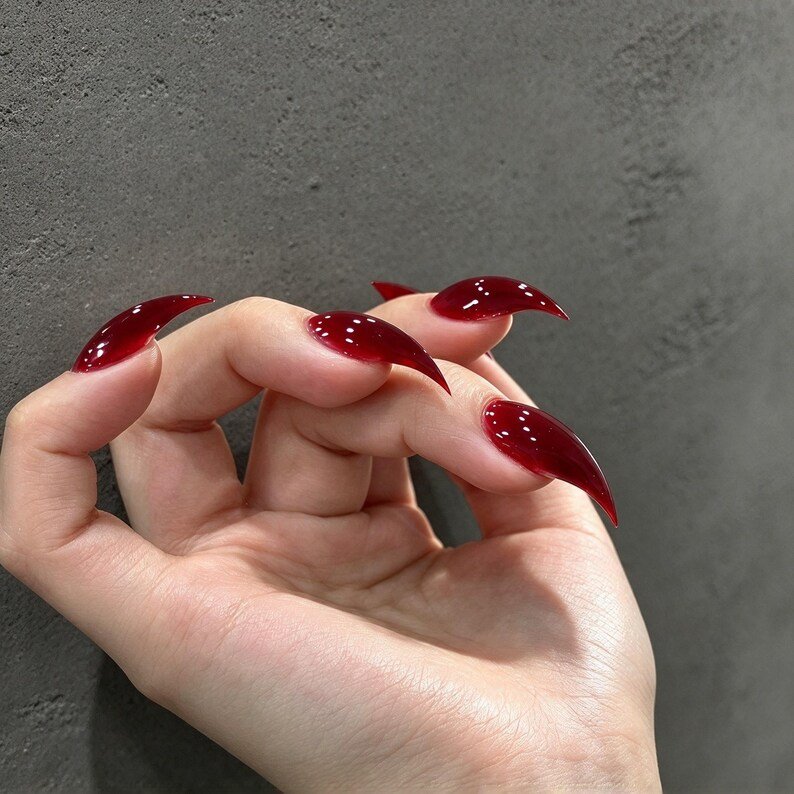 Dark Cherry Red Press on Nails, Long Sharp Stiletto Claws, Glossy Burgundy Nails for Halloween, Date Night & Dark Feminine Looks - Image 3