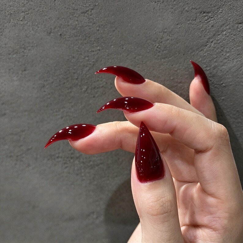 Dark Cherry Red Press on Nails, Long Sharp Stiletto Claws, Glossy Burgundy Nails for Halloween, Date Night & Dark Feminine Looks - Image 4