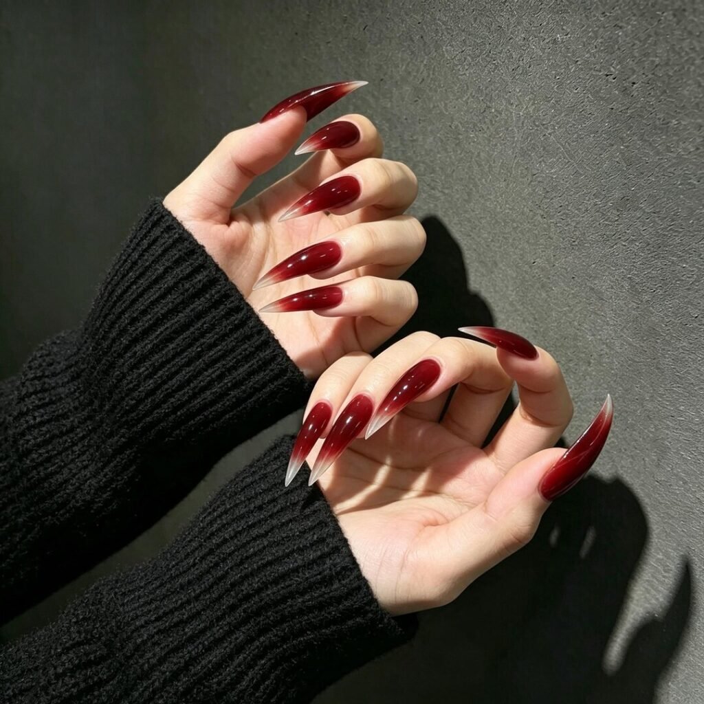 false nails | Blood Red Ombre Press on Nails, Extra Long Stiletto Claw Nails, gothic Dark