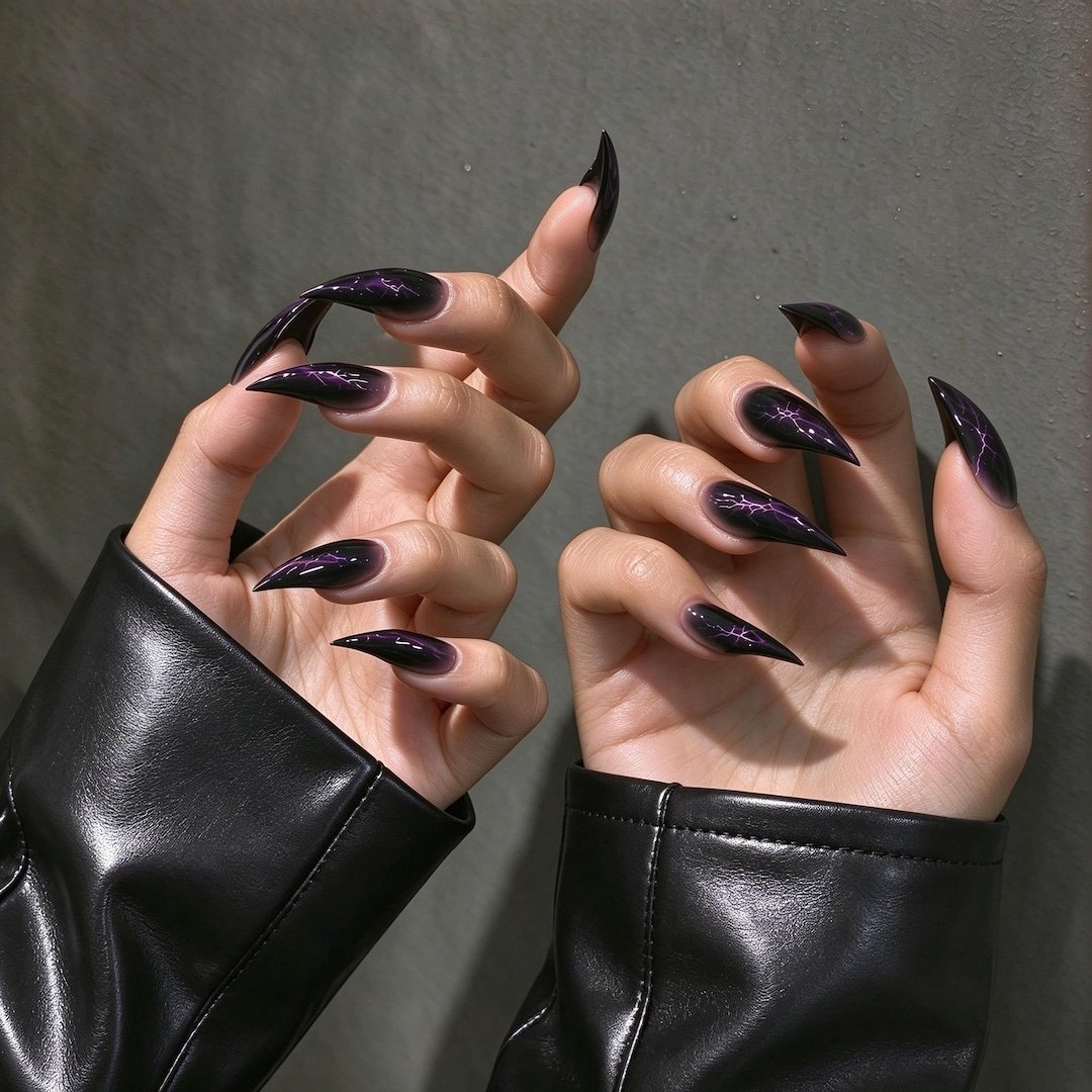cat claw press on nails | Black Cat Claw Press-on Nails, Purple Iridescent Gothic Stiletto Nails