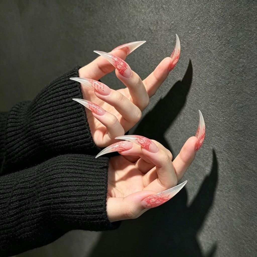 cat claw press on nails | Dark Romantic Red Floral Cat Claw Press-on Nails, Long Curved Stiletto Nail