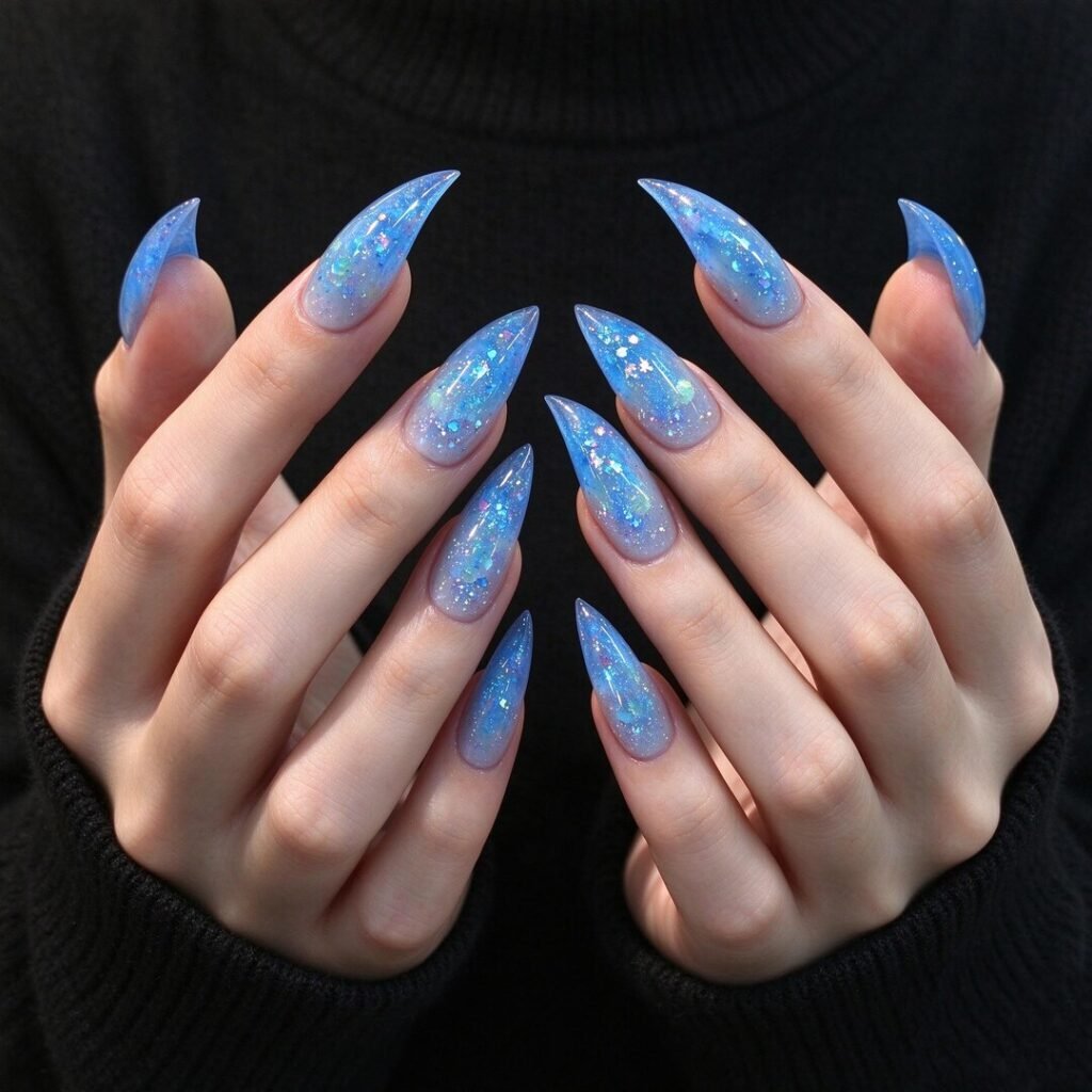 false nails | Blue Mermaid Opal Stiletto Press on Nails, Magical Iridescent Glitter False