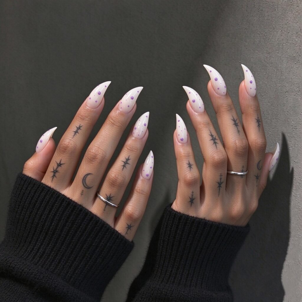 cat claw press on nails | Lavender Dot Cat Claw Press-on Nails, Milky White Stiletto Nails for Fairyc