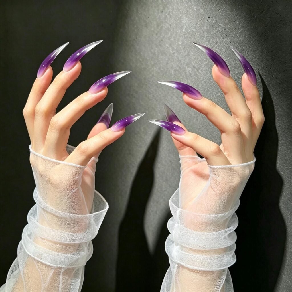 cat claw press on nails | Purple Ombre Cat Claw Press-on Nails, Long Curved Stiletto Nails for Witchy