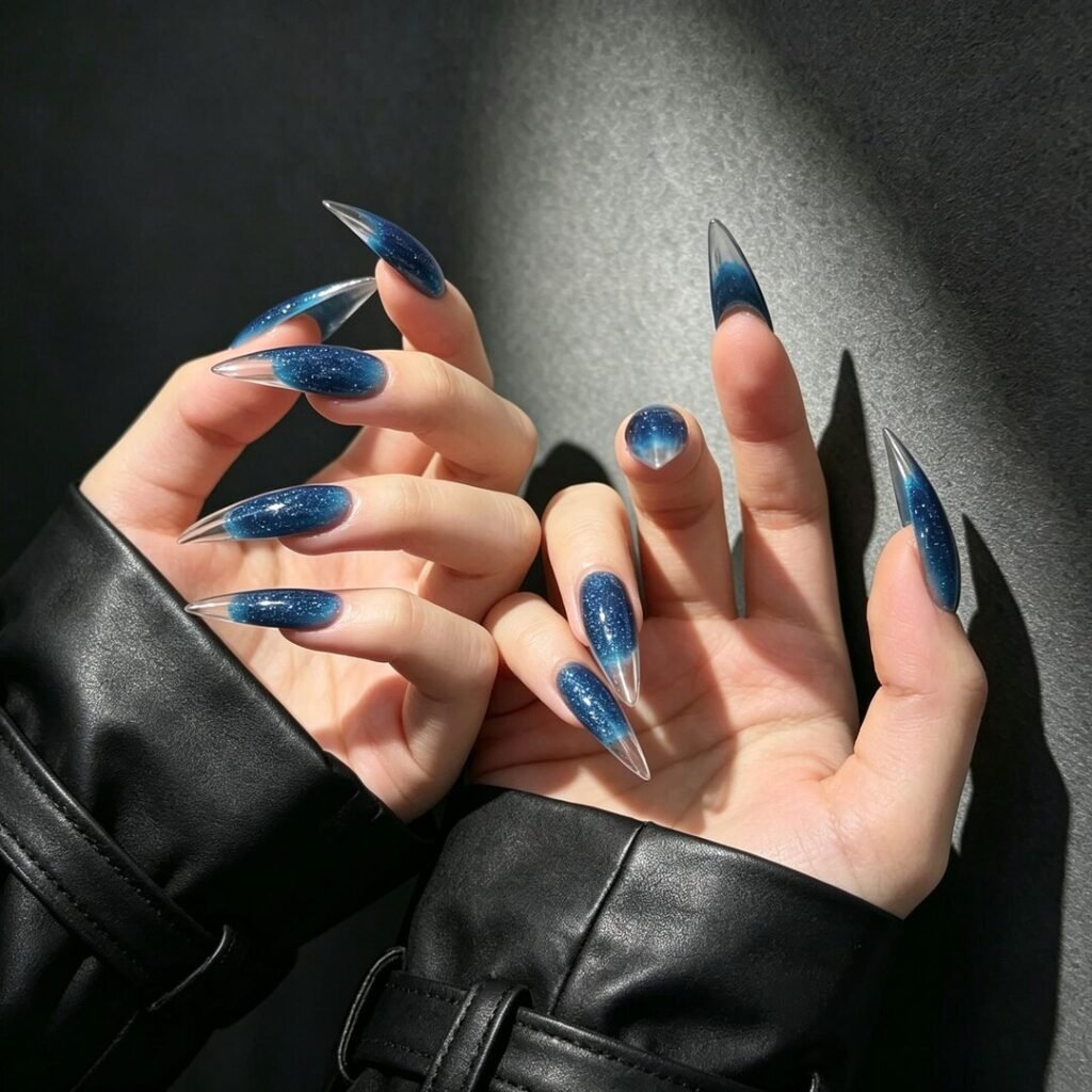 Sapphire Blue Cat Claw Press-on Nails, Sparkly Curved Stiletto Nails for Dark Fantasy & Y2K Style