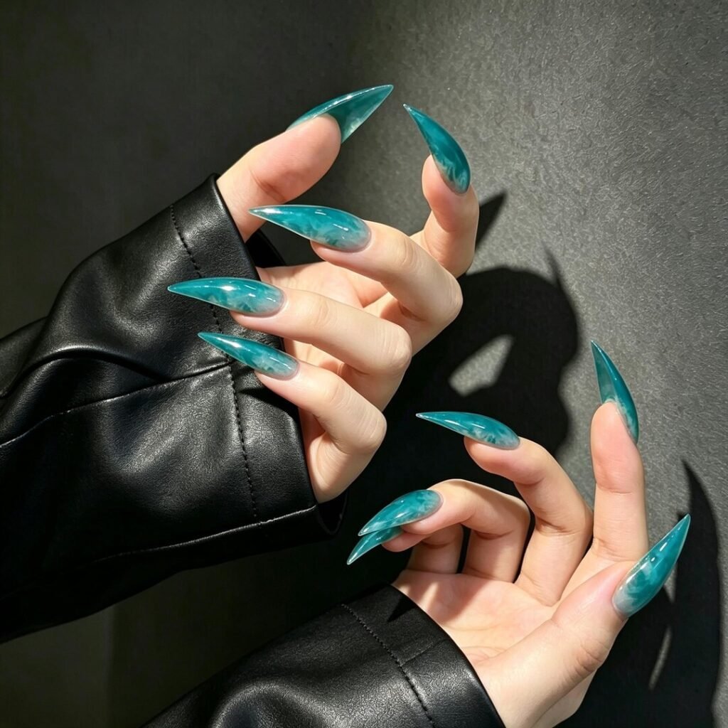 cat claw press on nails | Teal Cat Claw Press-on Nails, Long Stiletto Nails for Mermaid, Y2K & Dark F