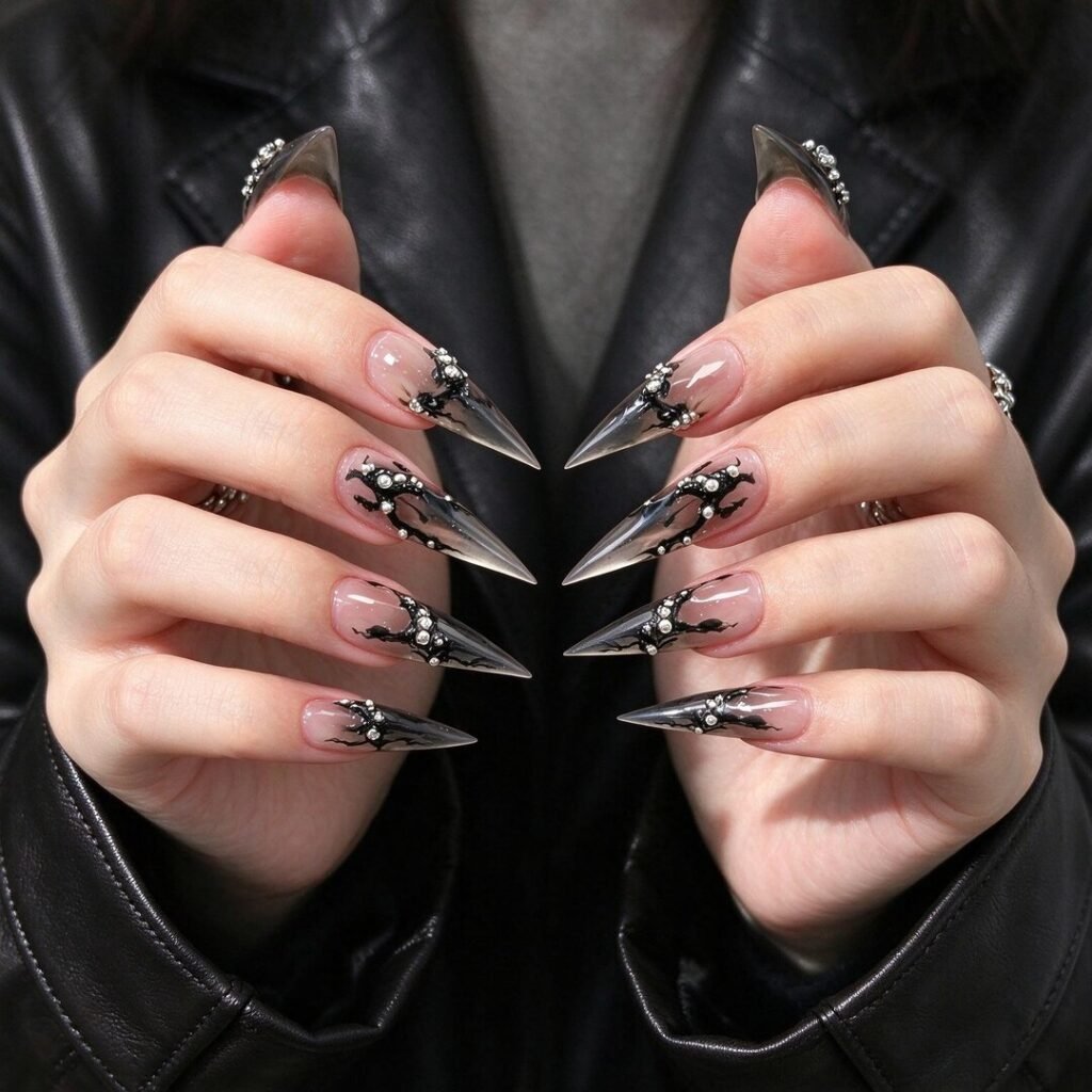 press on nails | Black Chrome Stiletto Press-on Nails, Gothic 3D Nails for Parties, Hallowee
