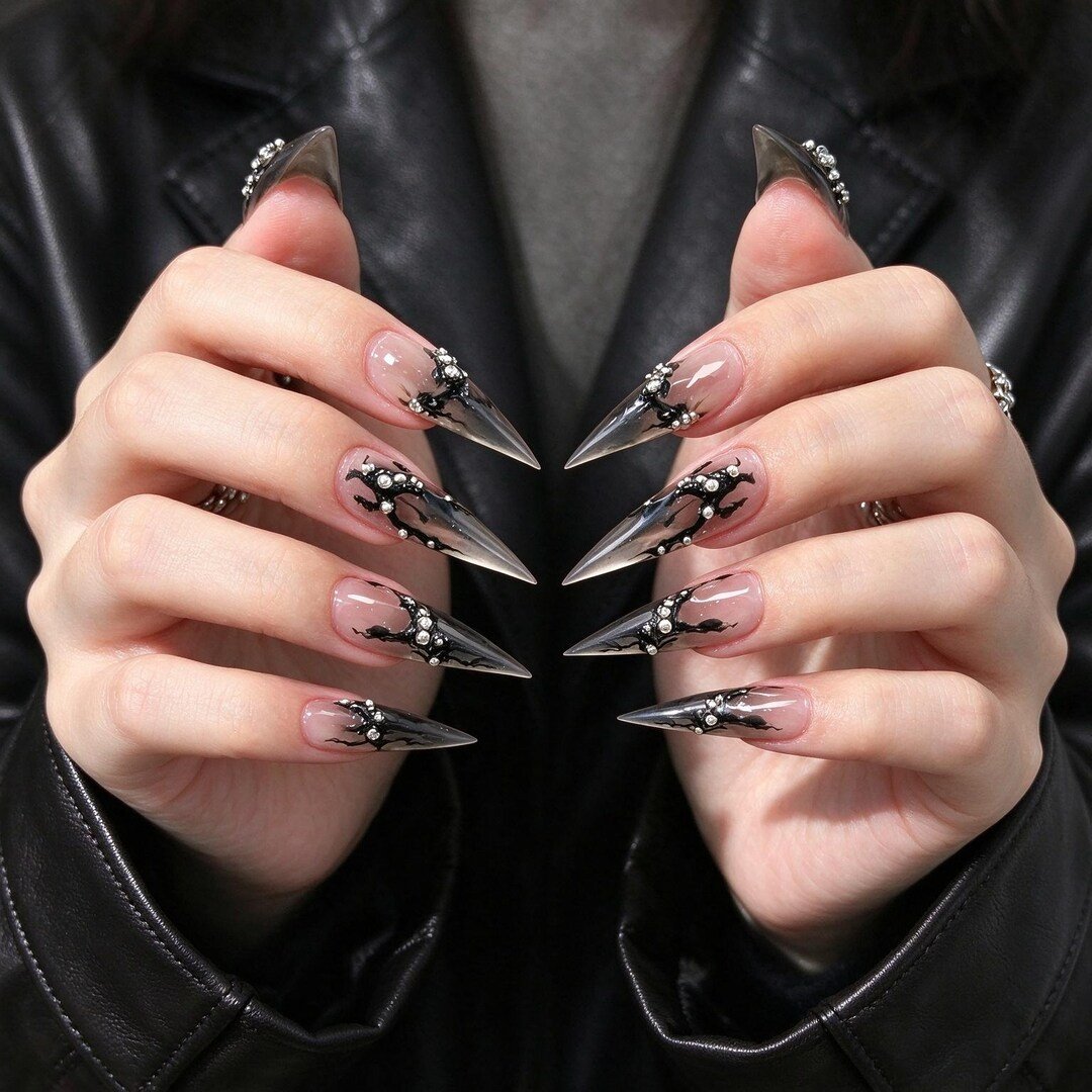 press on nails | Black Chrome Stiletto Press-on Nails, Gothic 3D Nails for Parties, Hallowee
