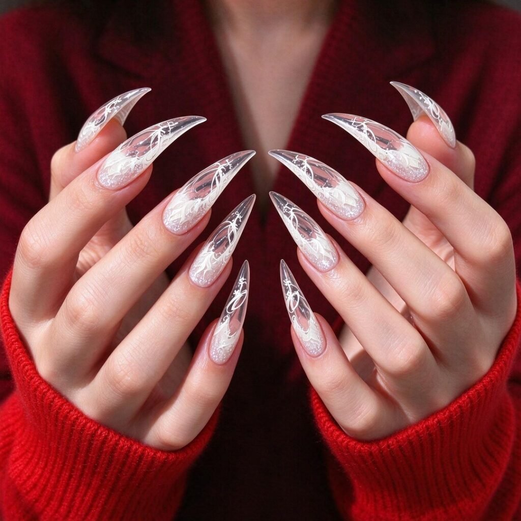 cat claw press on nails | White Lace Cat Claw Press-on Nails, Long Stiletto Nails for Bridal, Date Ni