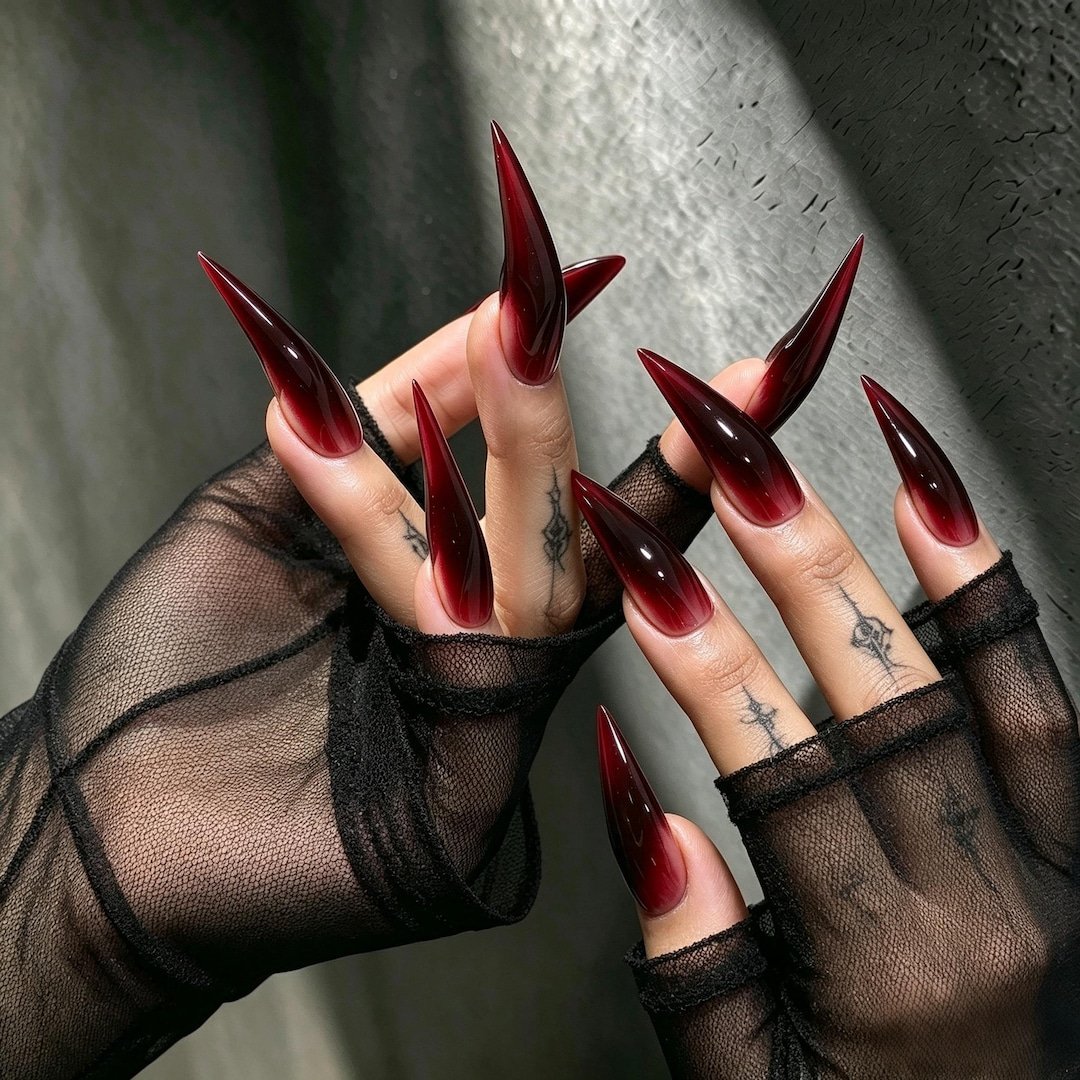 press on nails | Crimson Noir Claw Press-on Nails, Dark Red Stiletto Nails for Gothic Style