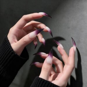 false nails | 40mm Extra Long Plum Ombre Press-on Nails, Curved Stiletto Claw Nails, Goth