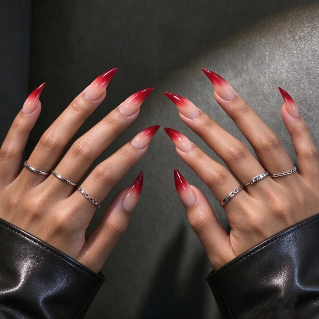 false nails | Red Ombre Stiletto Press on Nails Extra Long, Dark Goth Vampiress Fake Nail
