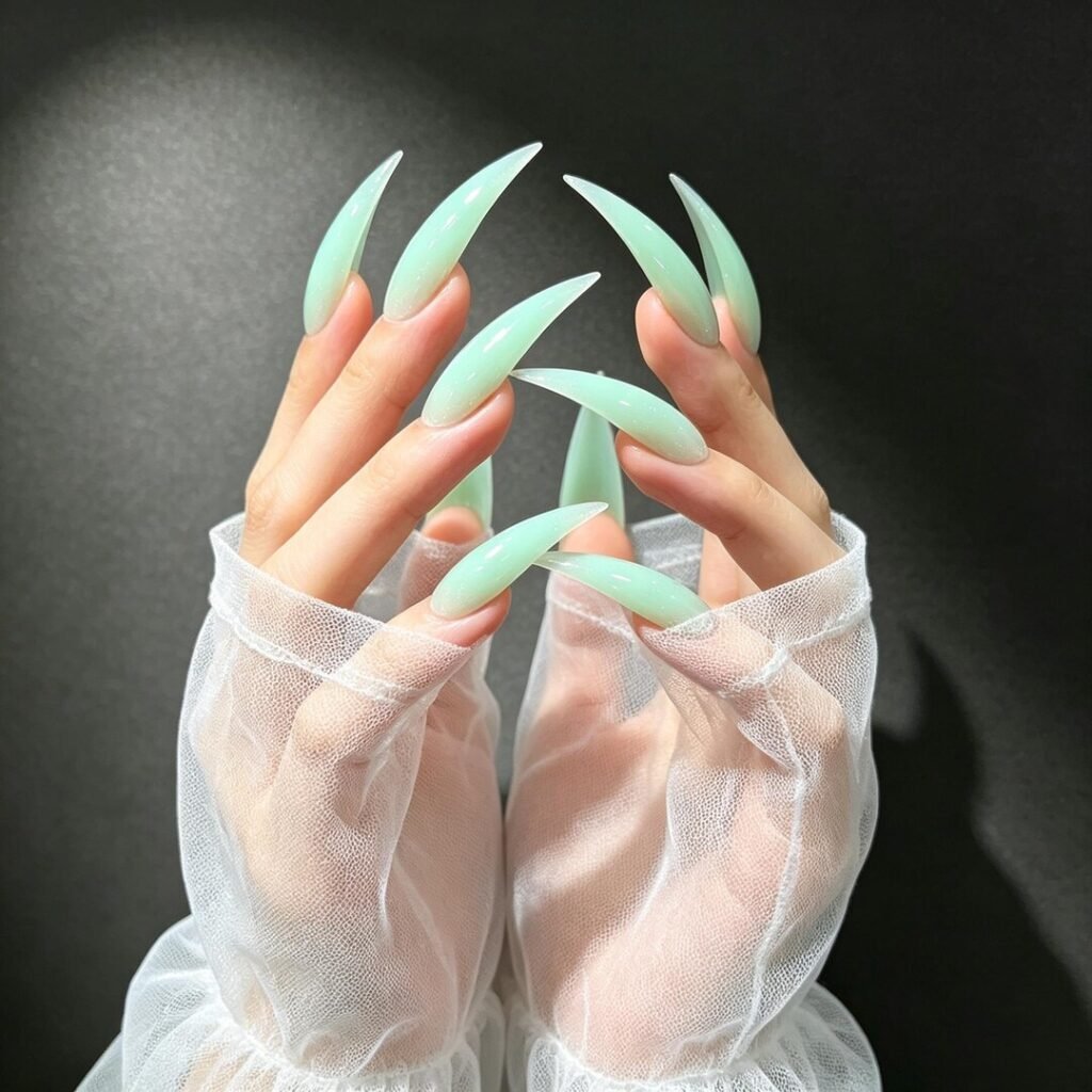cat claw press on nails | Seafoam Green Cat Claw Press-on Nails, Glossy Mint Stiletto Nails for Merma
