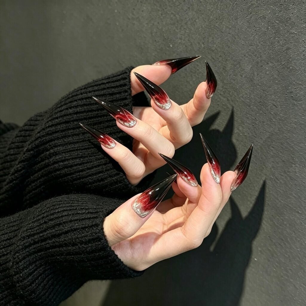 cat claw press on nails | Crimson Flame Cat Claw Press-on Nails, Black Red Stiletto Nails for Gothic