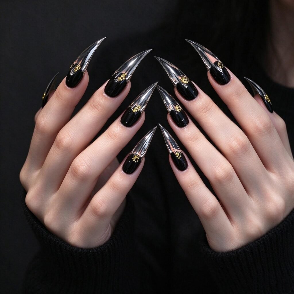 press on nails | Obsidian Gold Chrome Press-on Nails, Black Stiletto Claw Nails for Gothic G