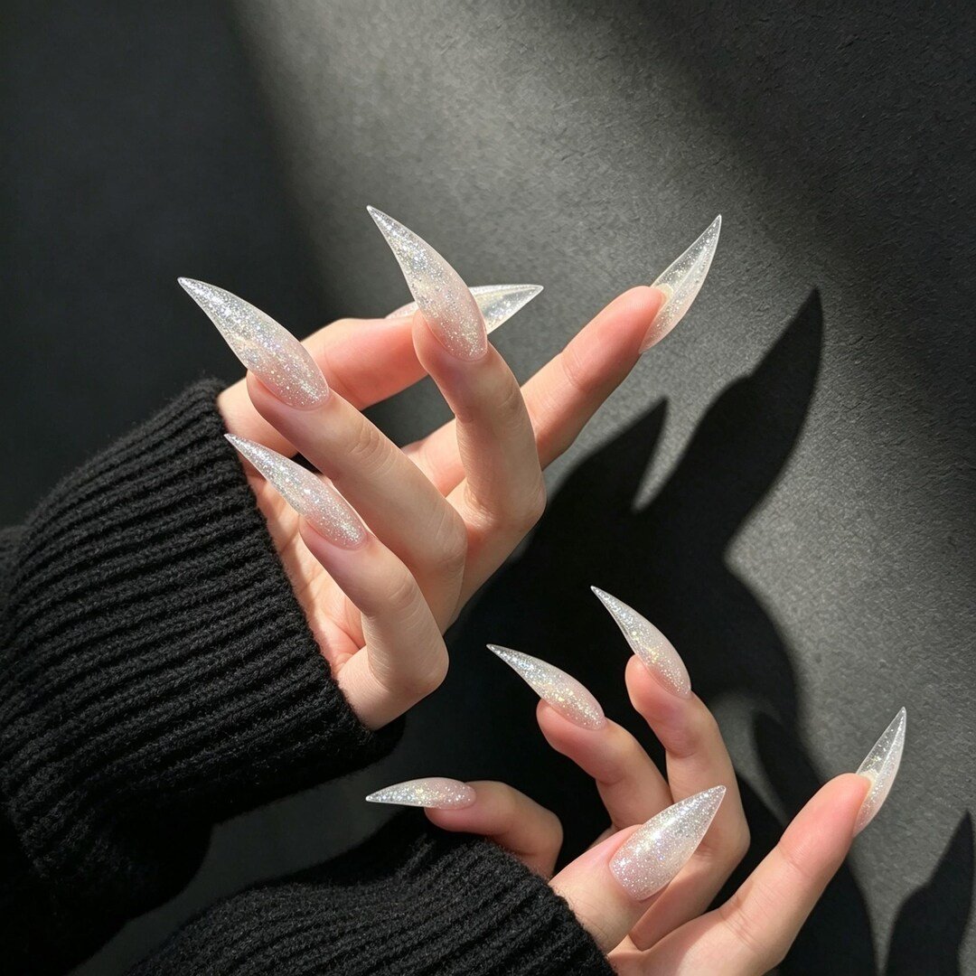 cat claw press on nails | Crystal Glitter Cat Claw Press-on Nails, Extra Long Clear Stiletto Nails fo