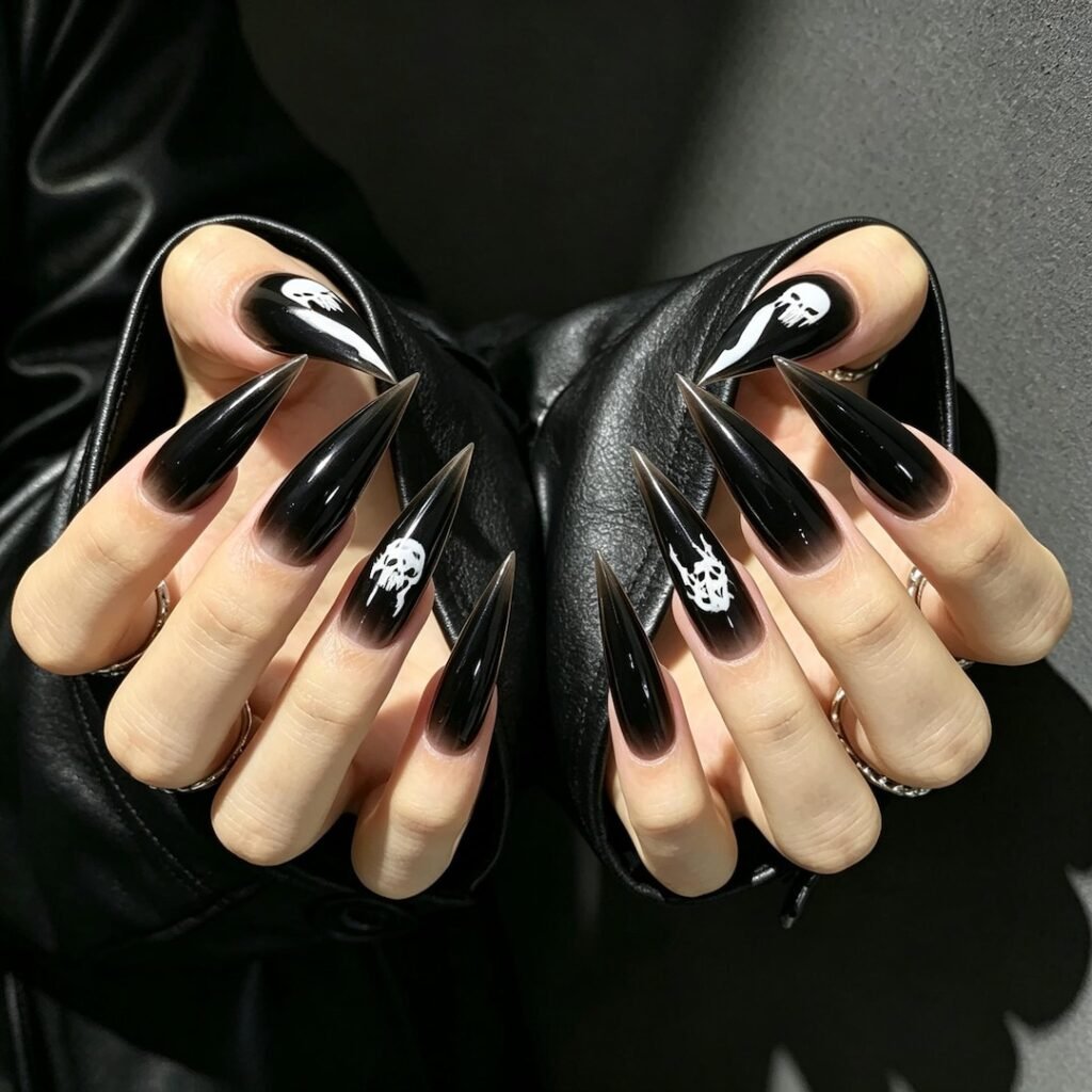 press on nails | Black Skull Stiletto Press-on Nails, Gothic Long Nails for Halloween, Dark